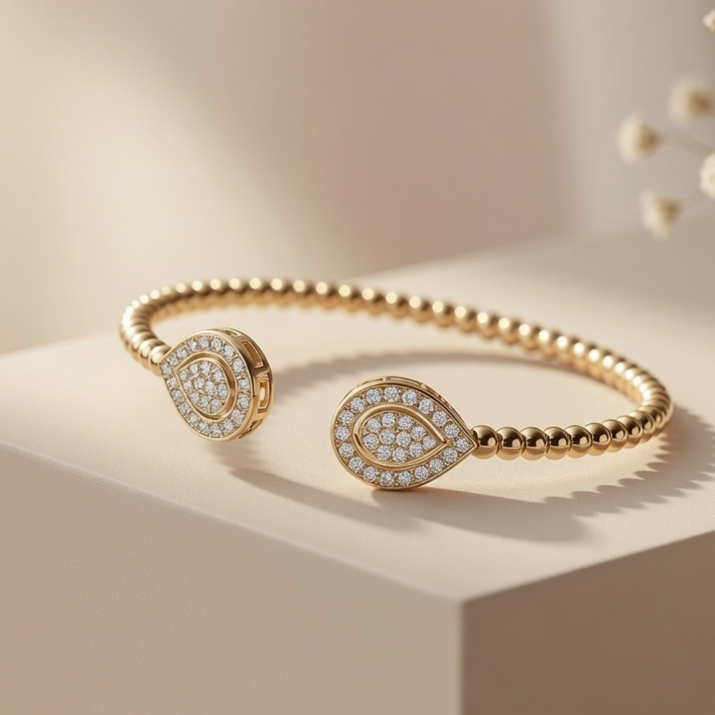 Gold Pavé Teardrop Open Bangle