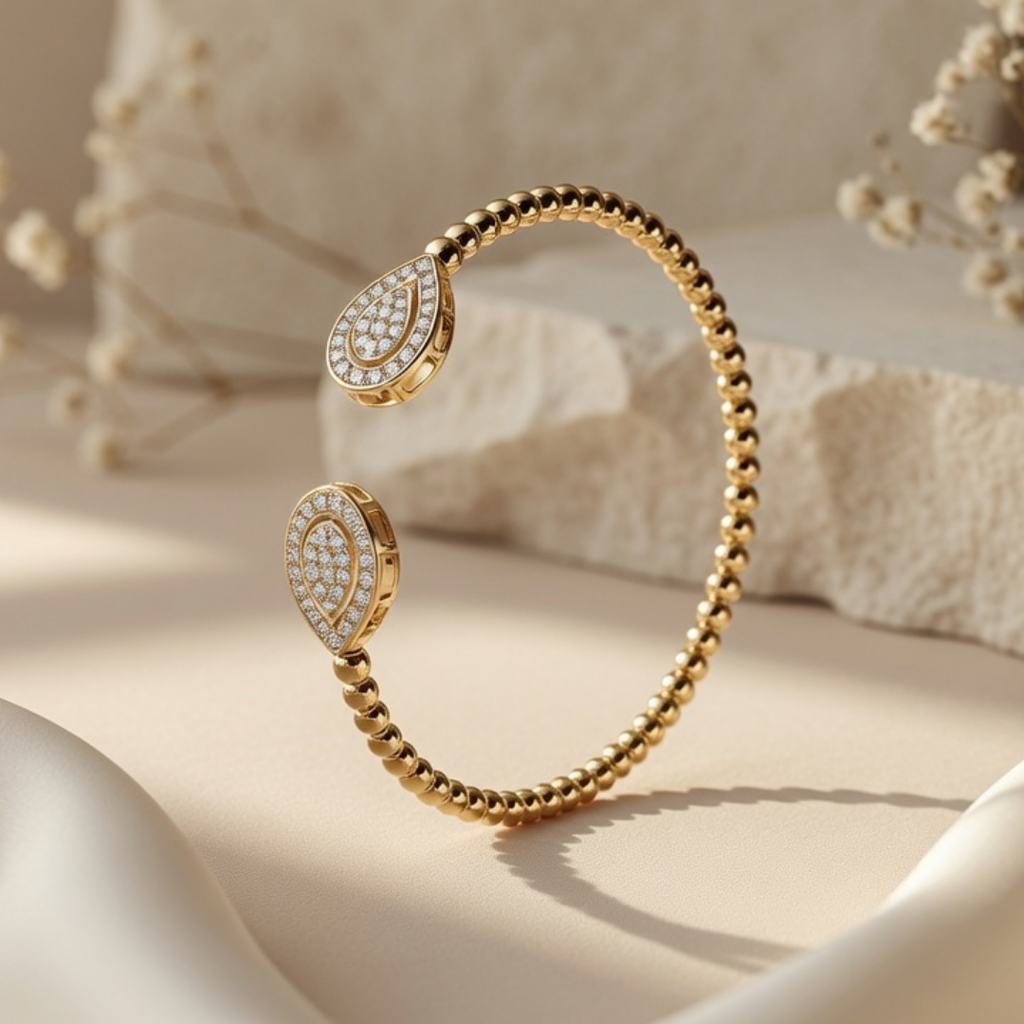 Gold Pavé Teardrop Open Bangle
