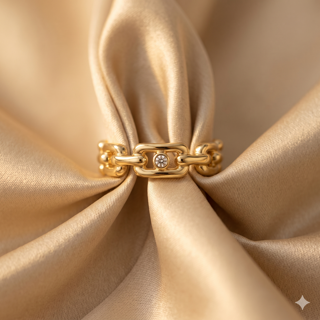 Gold pavŽ chain link adjustable ring with sparkling cubic zirconia