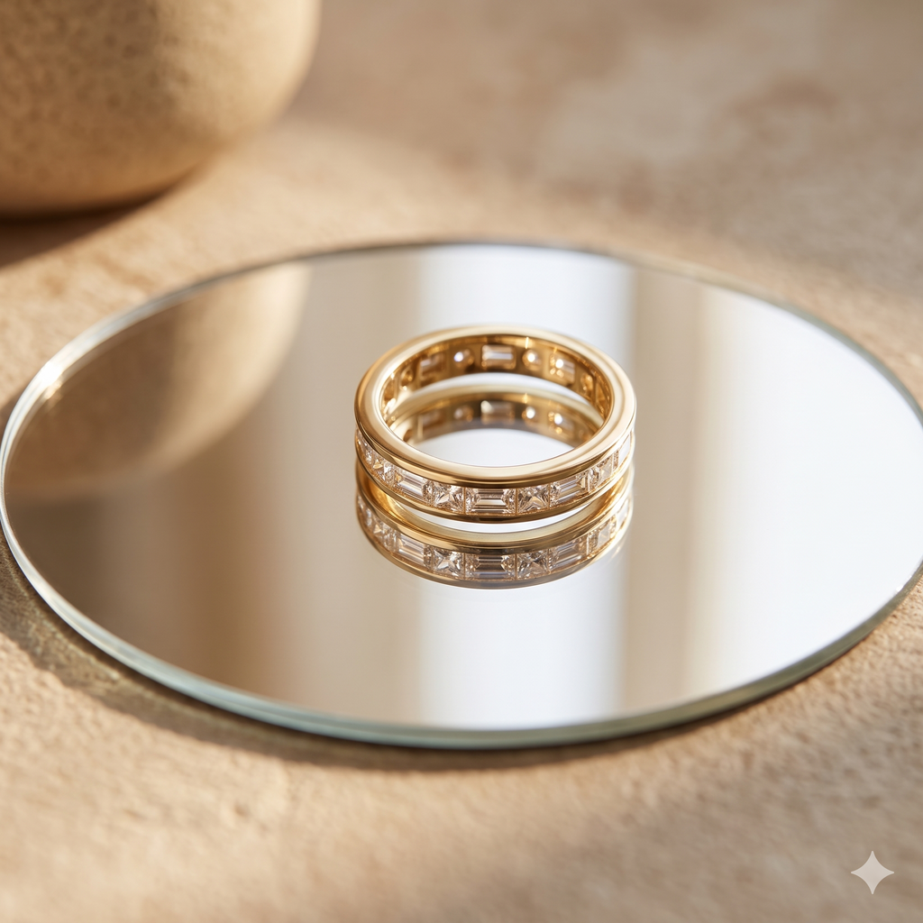 Gold eternity ring with princess-cut stones
