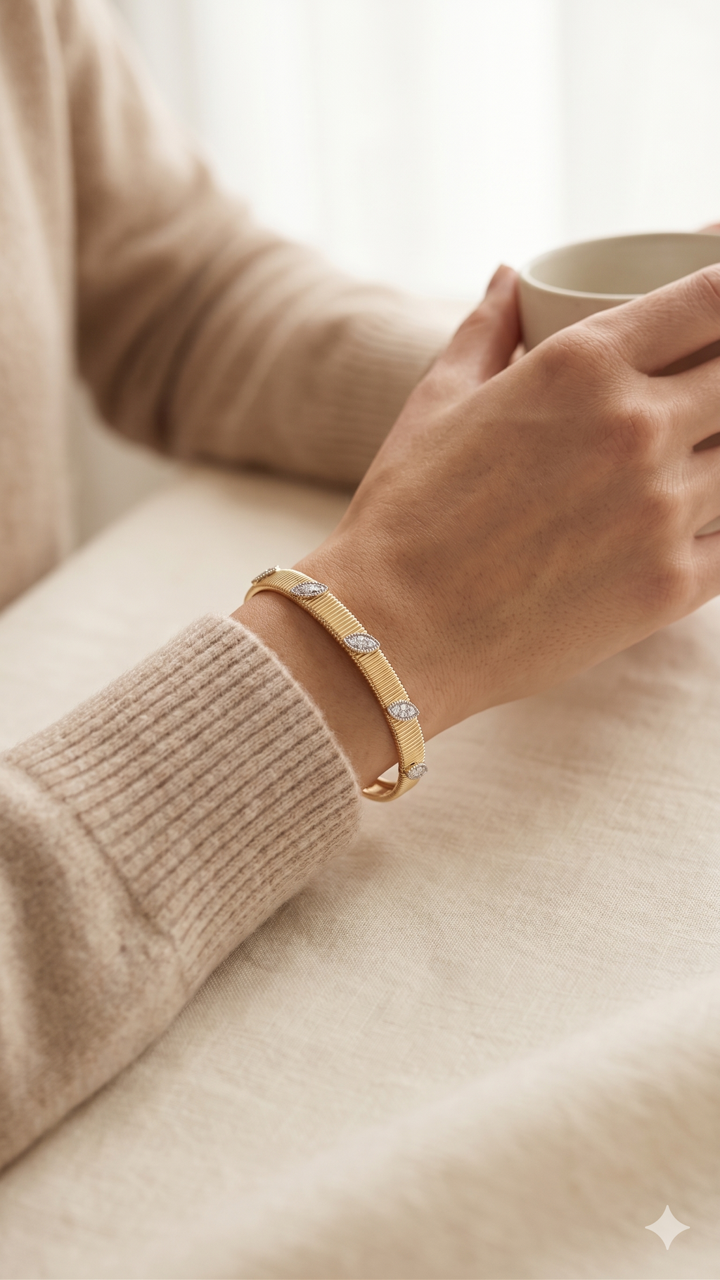 Gold Floral Crystal Ribbed Cuff Bracelet