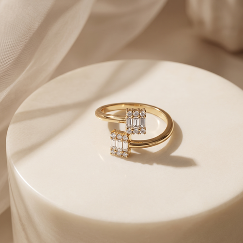 Gold adjustable open ring with double baguette crystals