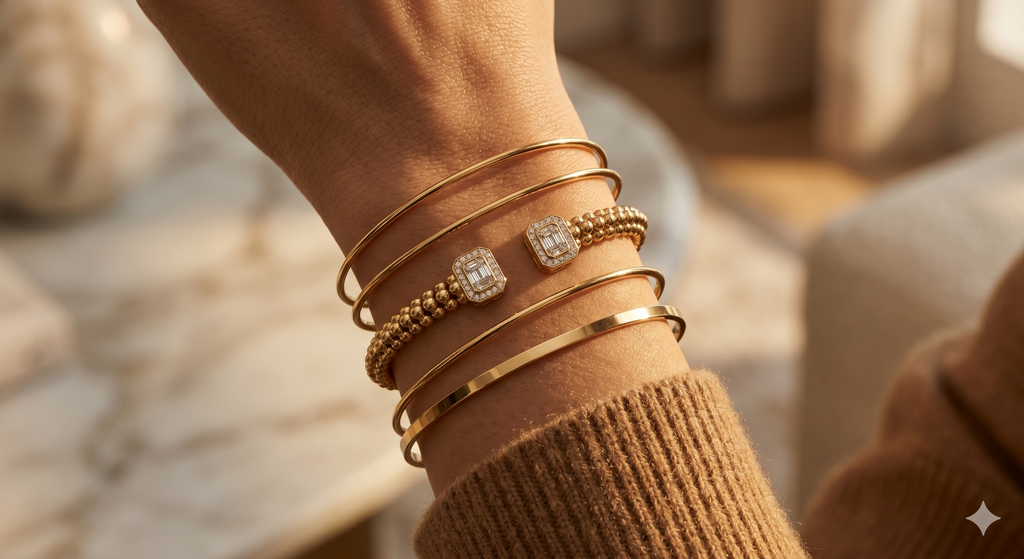 Gold Beaded Square Crystal Open Bangle
