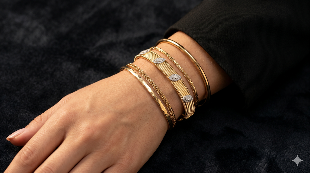 Gold Floral Crystal Ribbed Cuff Bracelet