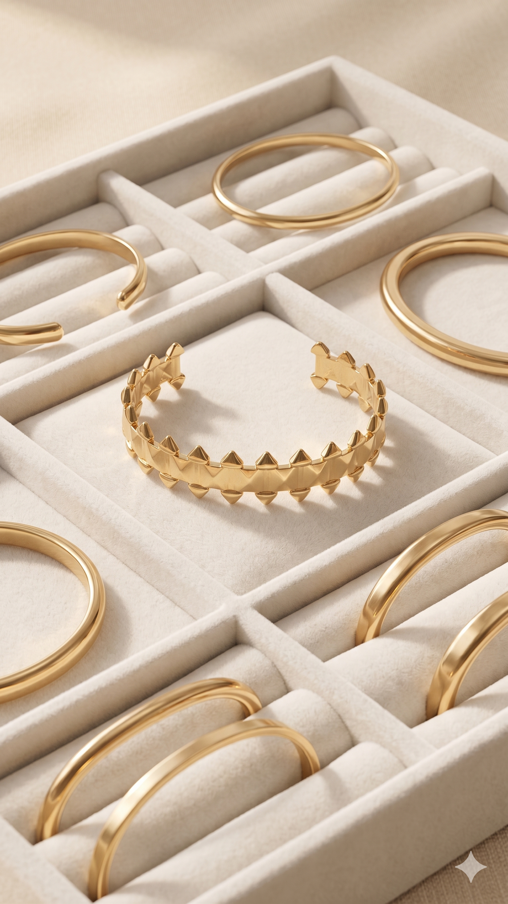 Gold pyramid stud cuff bracelet in jewelry tray