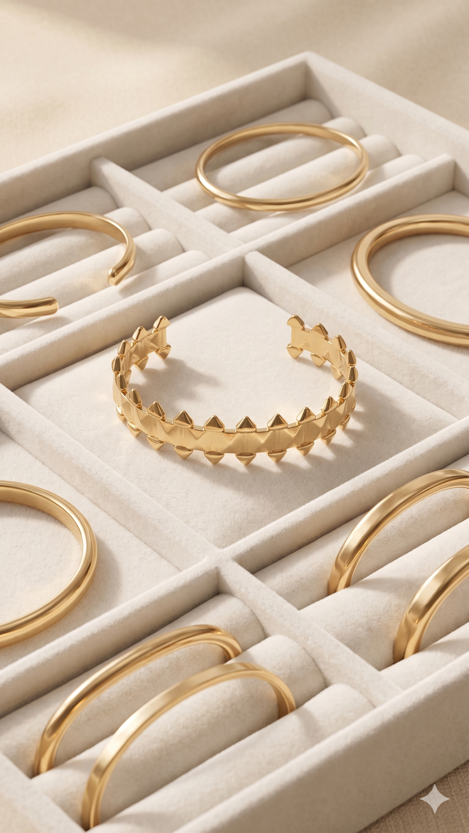 Gold pyramid stud cuff bracelet in jewelry tray