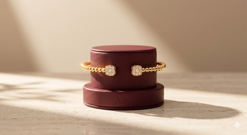Gold Beaded Square Crystal Open Bangle