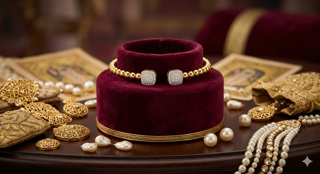 Gold Beaded Square Crystal Open Bangle