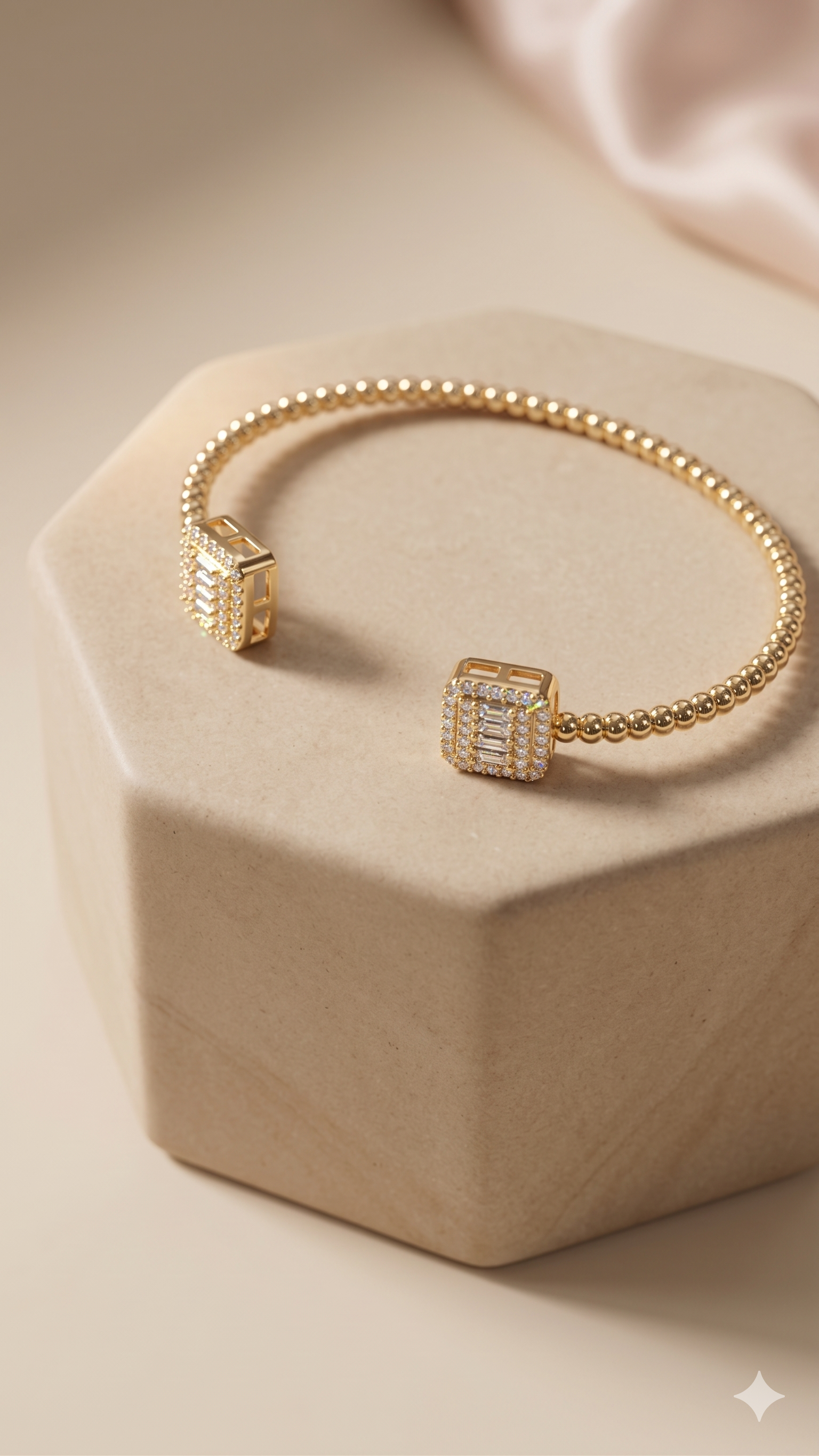 Gold Beaded Square Crystal Open Bangle