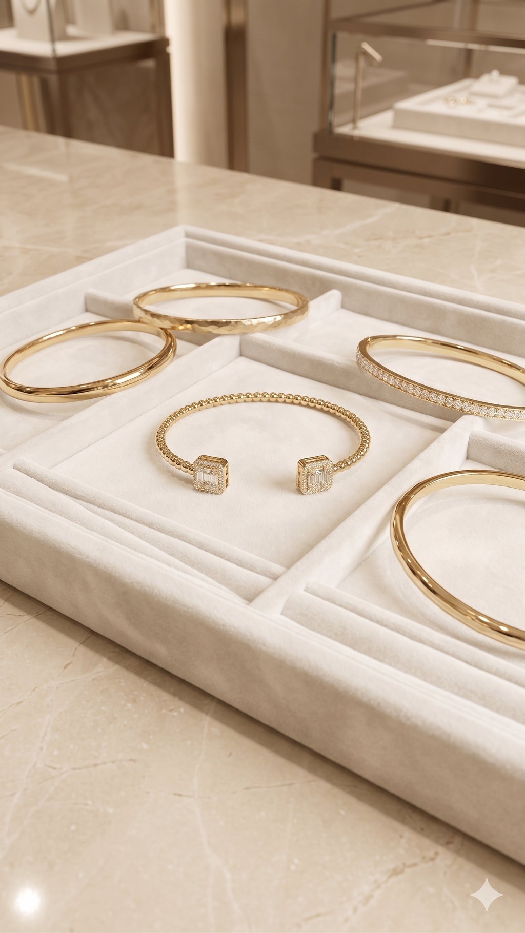 Gold Beaded Square Crystal Open Bangle