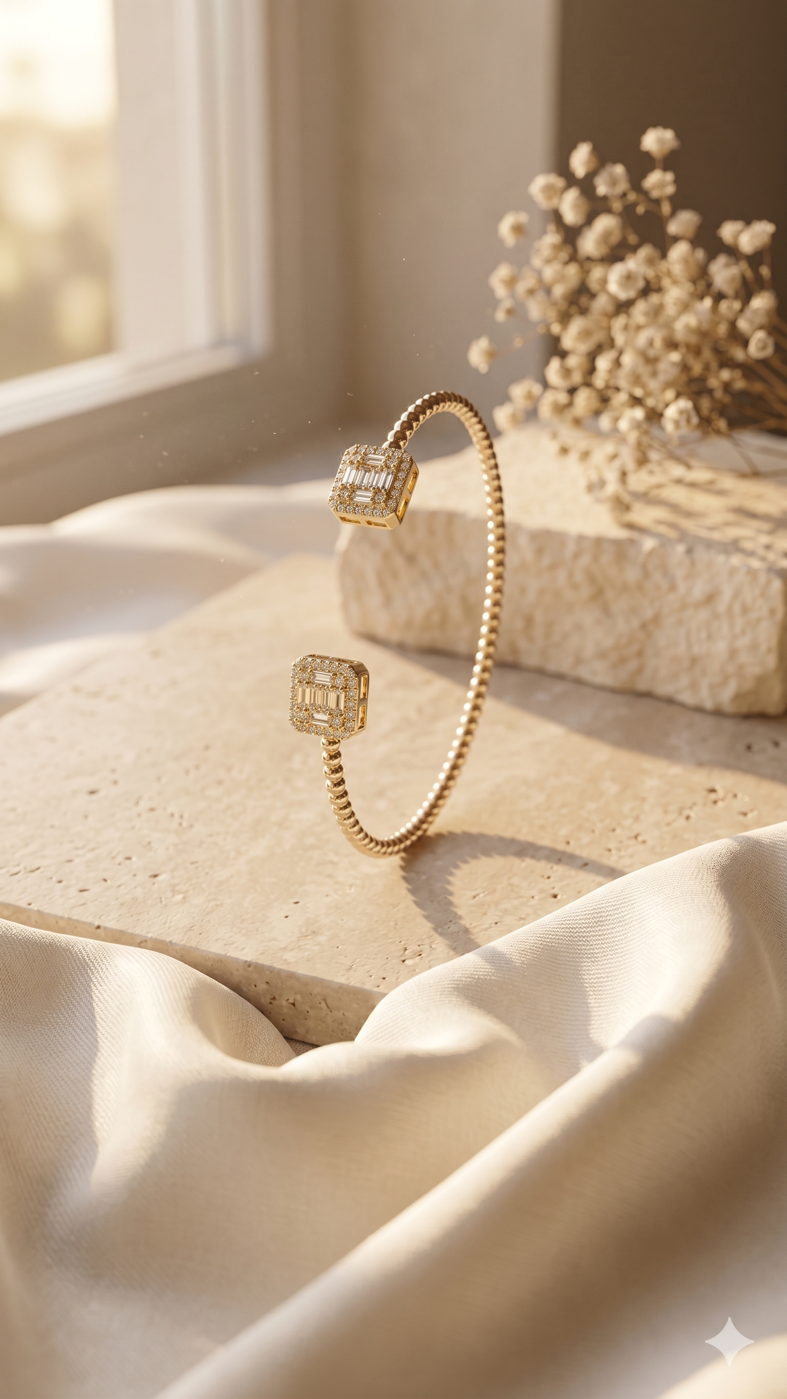 Gold Beaded Square Crystal Open Bangle