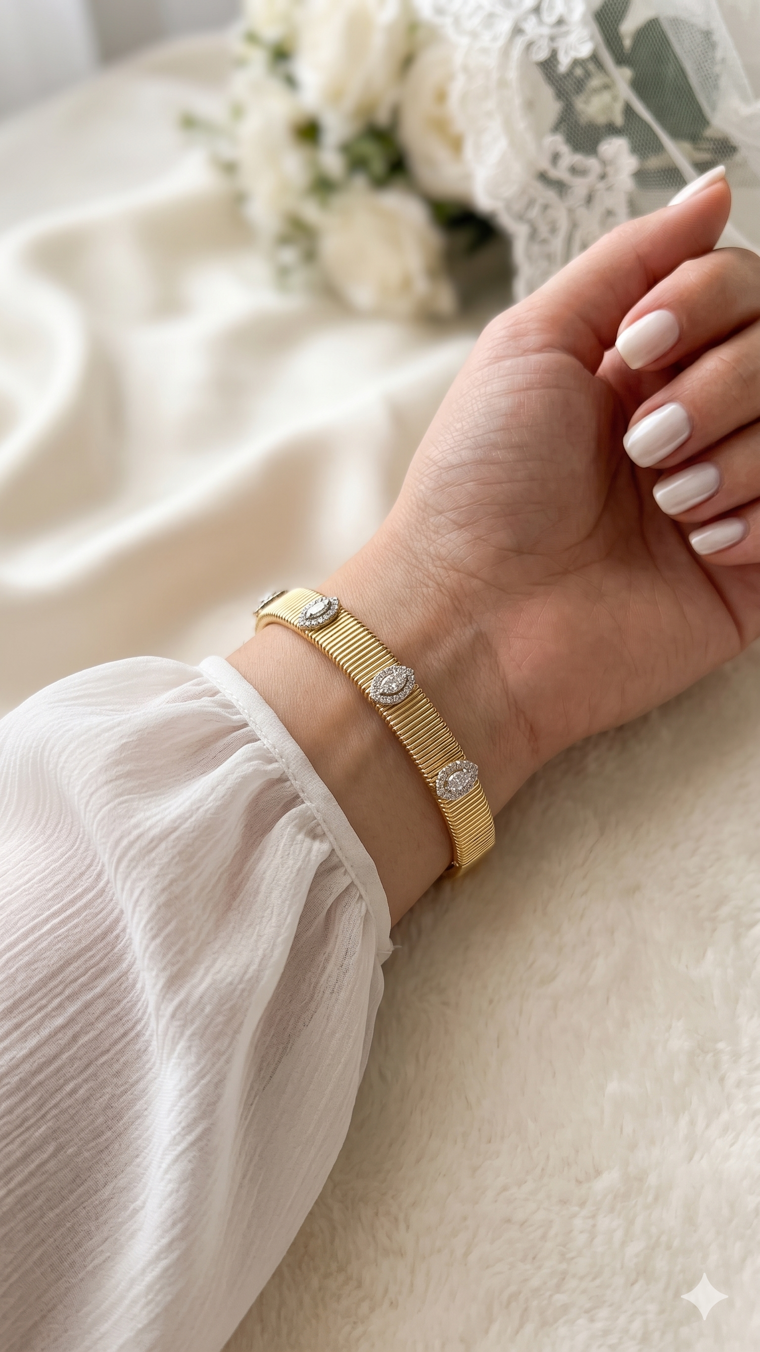 Gold Floral Crystal Ribbed Cuff Bracelet