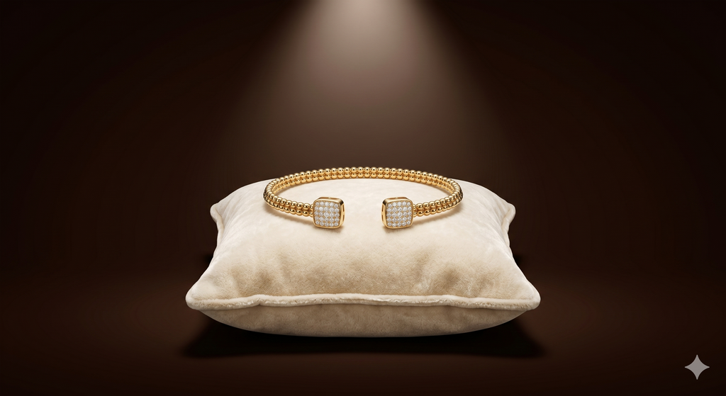 Gold Beaded Square Crystal Open Bangle