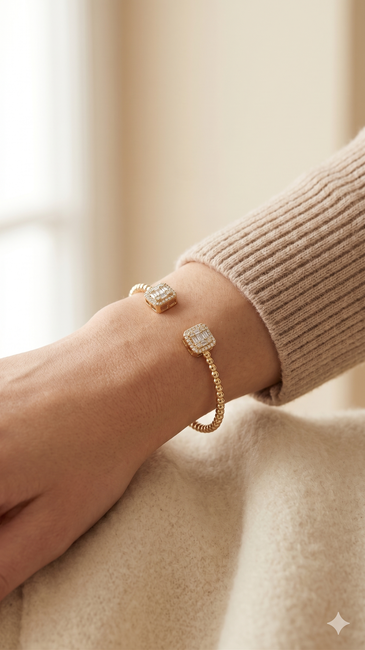 Gold Beaded Square Crystal Open Bangle