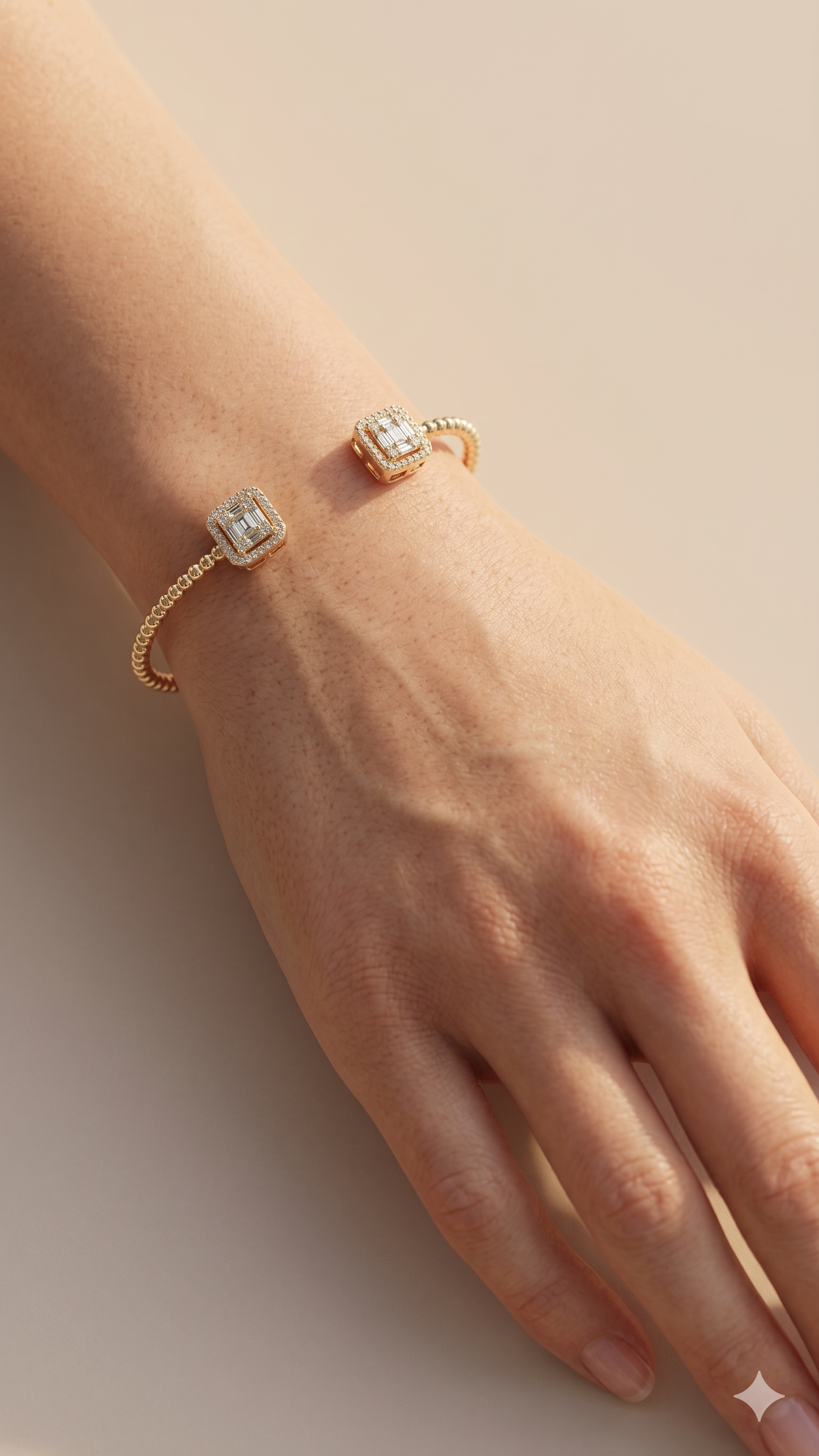 Gold Beaded Square Crystal Open Bangle