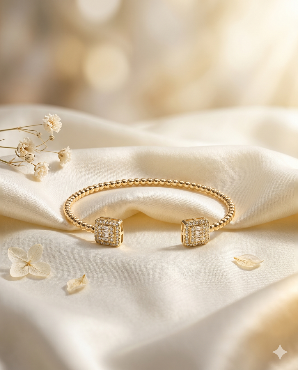 Gold Beaded Square Crystal Open Bangle