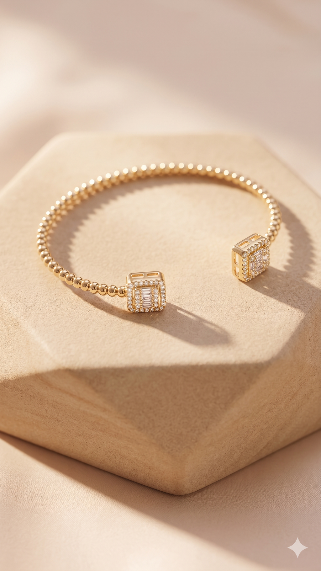 Gold Beaded Square Crystal Open Bangle