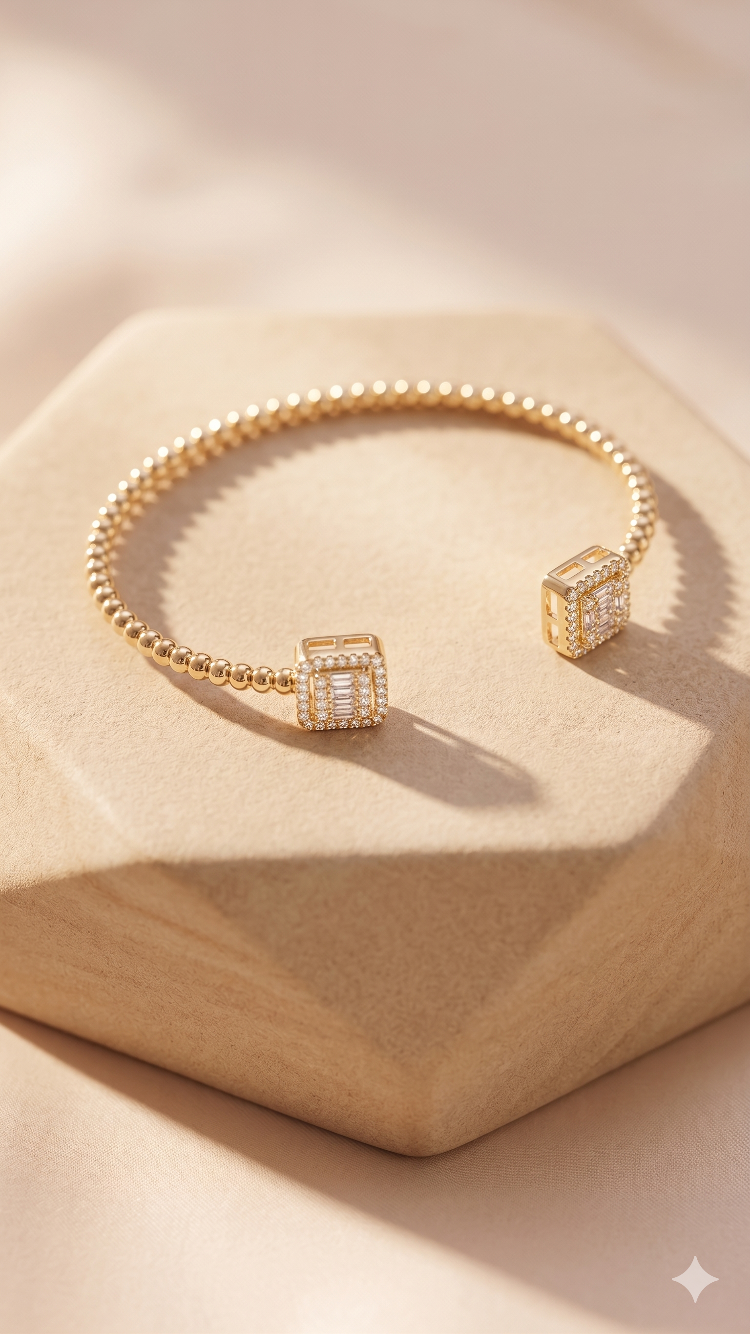 Gold Beaded Square Crystal Open Bangle