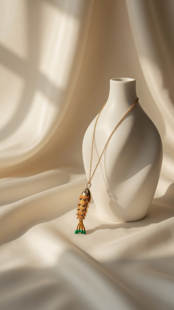 Gold Enamel Fish Pendant Necklace