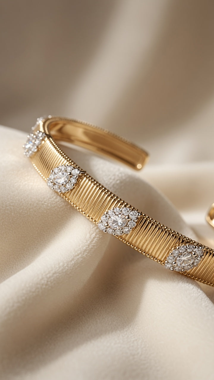 Gold Floral Crystal Ribbed Cuff Bracelet