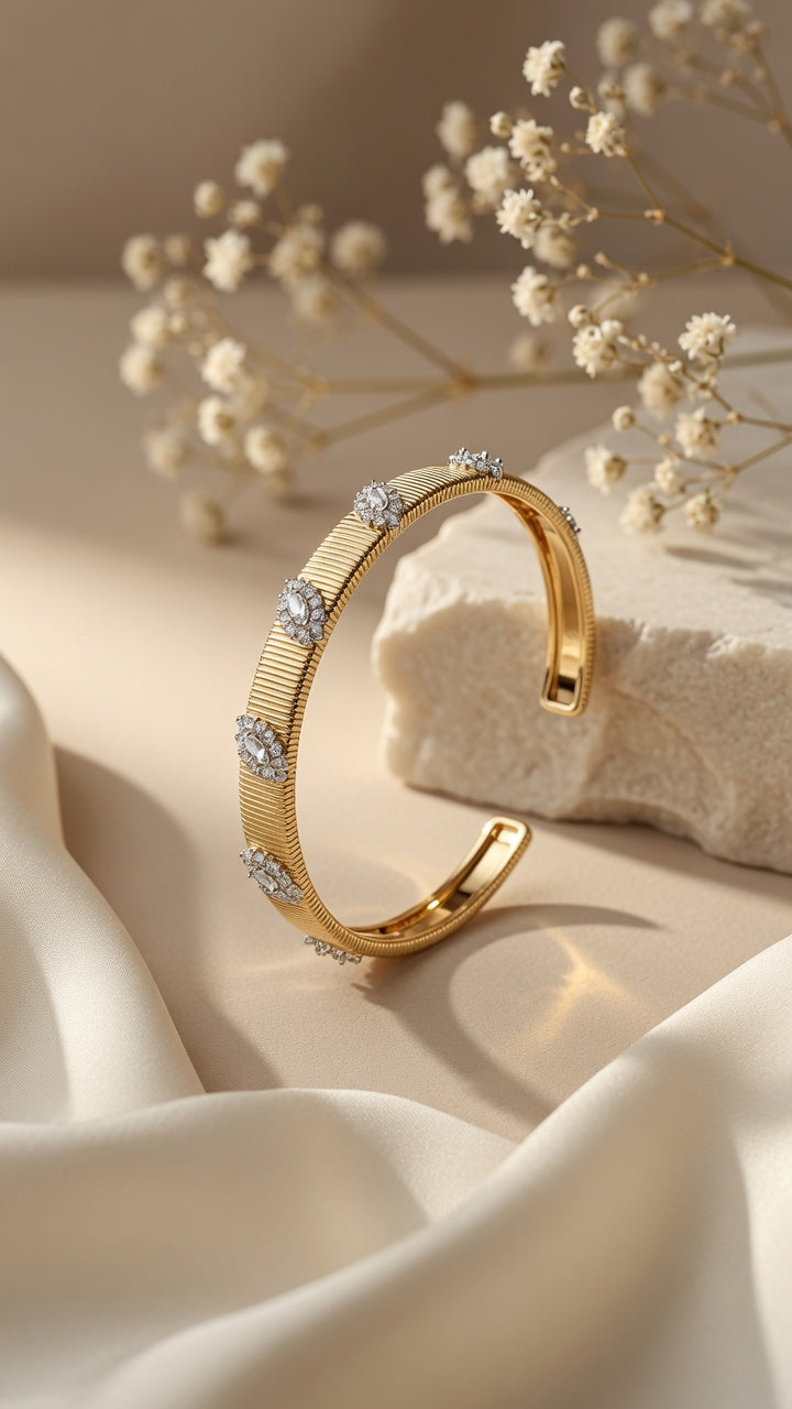 Gold Floral Crystal Ribbed Cuff Bracelet