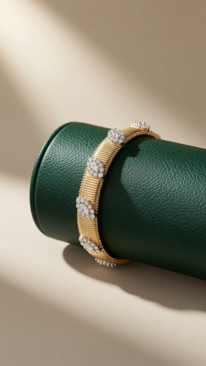 Gold Floral Crystal Ribbed Cuff Bracelet